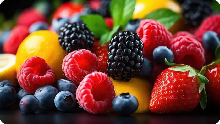 블랙베리, 라즈베리, 블루베리, 딸기 등 다양한 베리류 과일 (Assorted berries including blackberry, raspberry, blueberry, and strawberry)