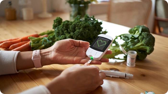 혈당 측정 중인 사람과 건강한 채소 식단 (Person checking blood sugar level with healthy vegetables in background)