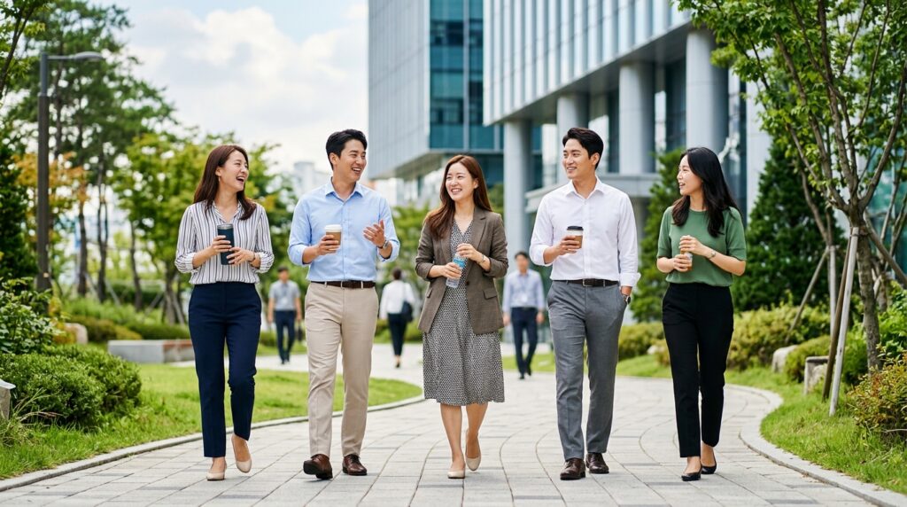 혈당 관리를 위해 점심 식사 후 가볍게 산책하는 직장인들